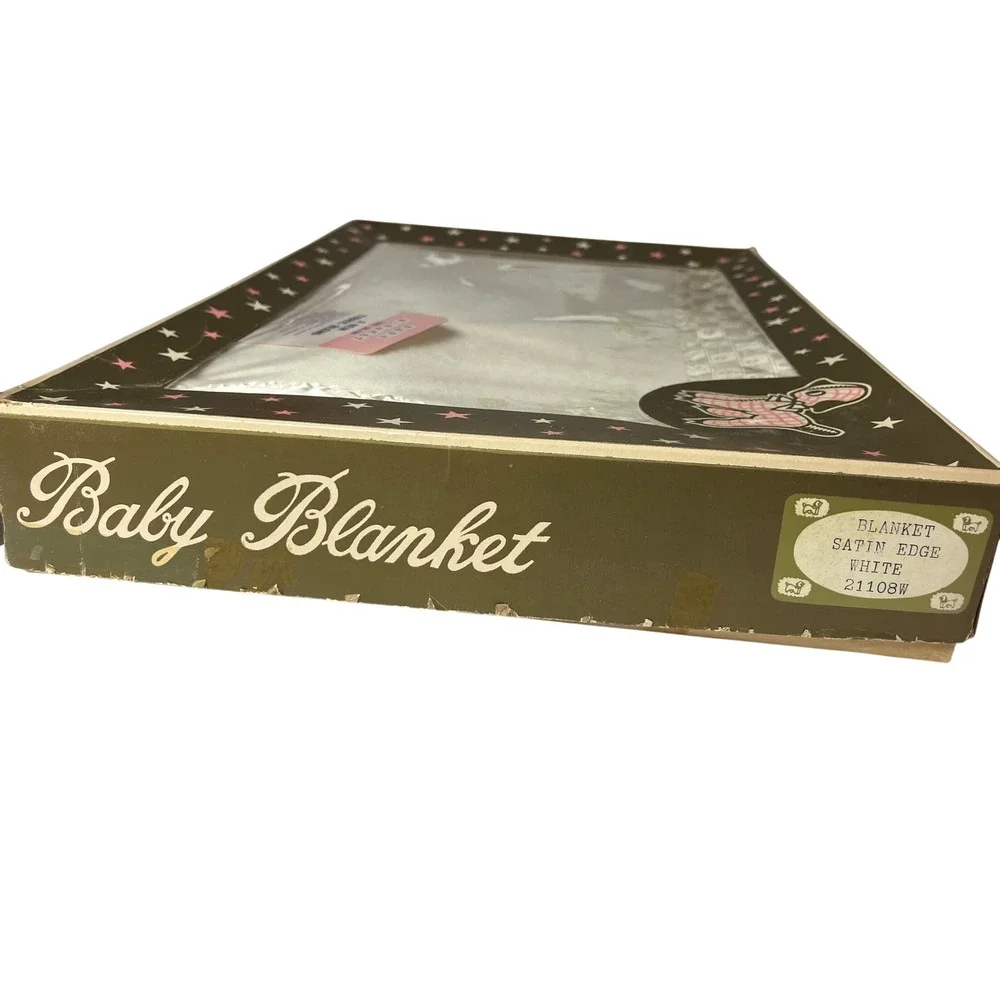 Vintage Quiltex Baby Blanket in Original Box 70s White Plush Satin Trim Nursery